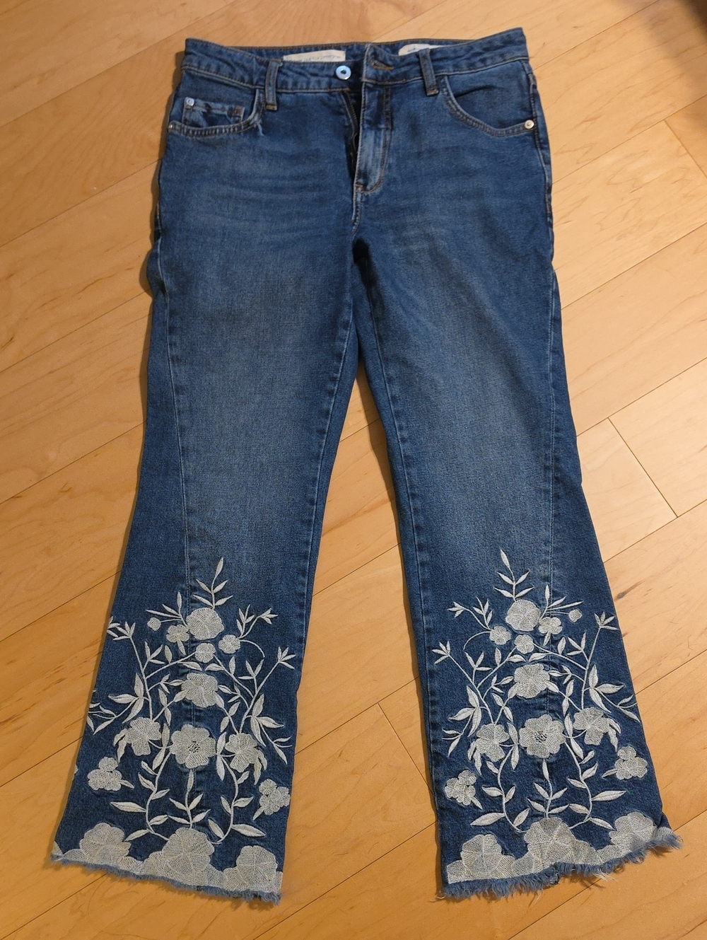 Pilcro Blue Embroidered Flare Jeans with White Floral Hem